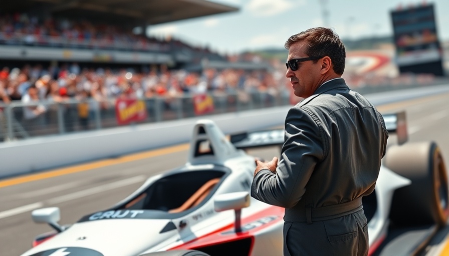Marcus Ericsson at Indy 500, gesturing beside race car under sunlight.