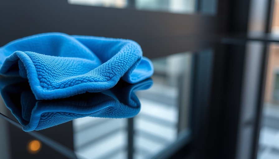 Close-up of hand using blue microfiber towel on black surface, demonstrating cleaning technique.