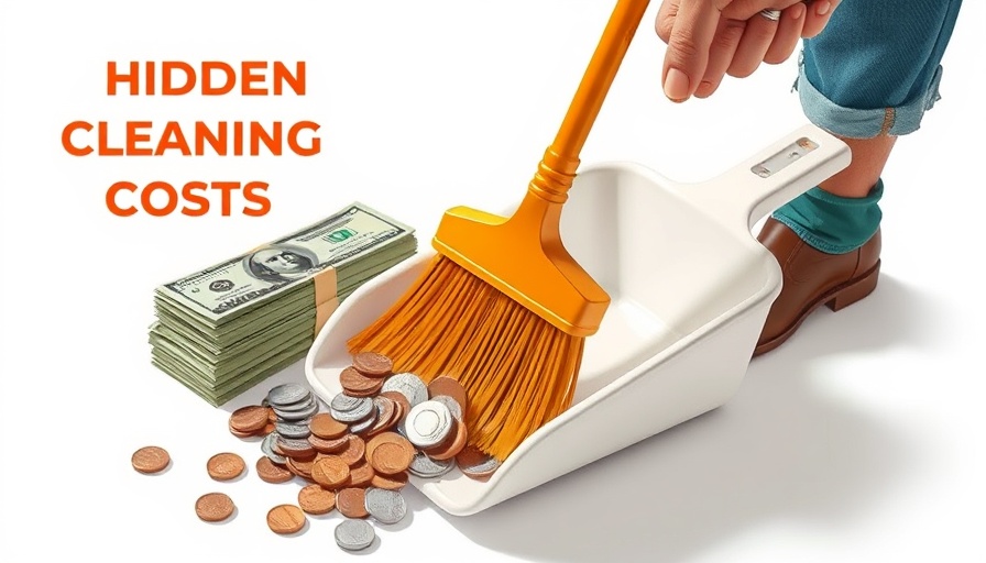 Illustration highlighting costs in home cleaning with money being swept.