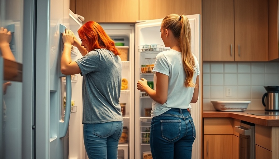 Two women organizing refrigerator for a summer pantry reset in a modern kitchen.