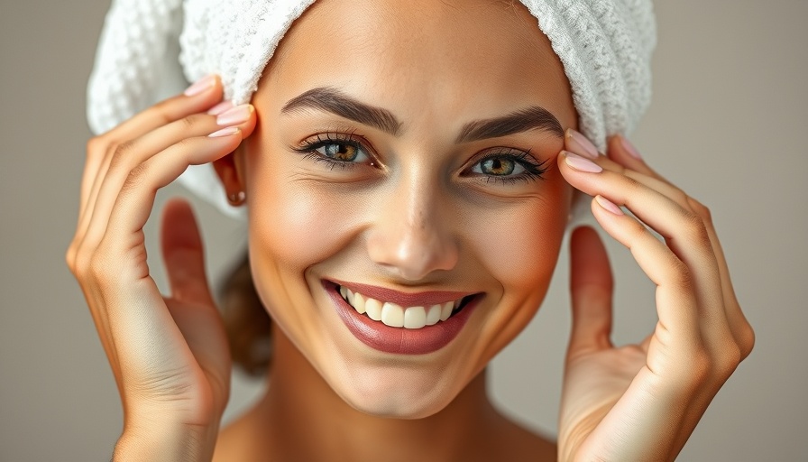 Smiling woman applying eye cream for pre-event beauty routine.