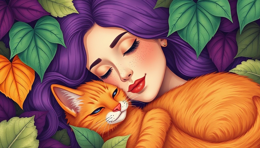 Illustration of woman with purple hair and cat in serene setting, improve sleep for spiritual wellness.