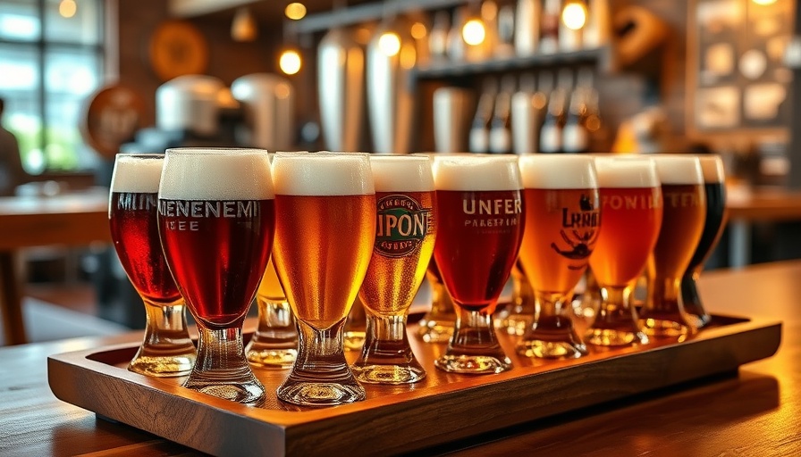 Assorted beer glasses with frothy tops on wooden tray, PFAS Forever Chemicals in Beer.
