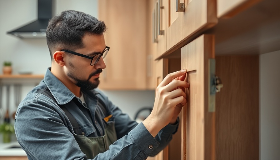 A craftsman adjusts Euro hinges on a cabinet in a modern kitchen.