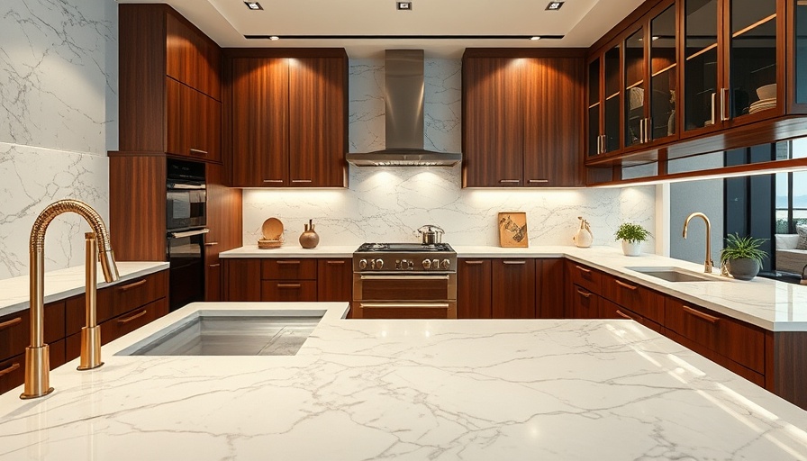 Sophisticated modern kitchen with marble countertops and brass accents.
