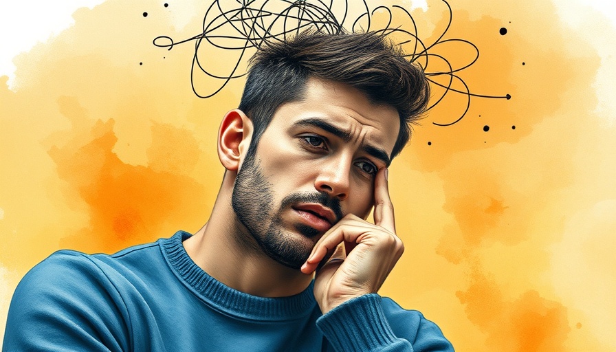Watercolor painting of man overthinking with chaotic thoughts.