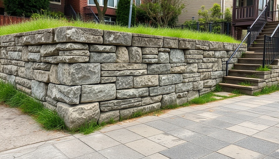 Retaining wall collapse prevention in stone design near walkway.
