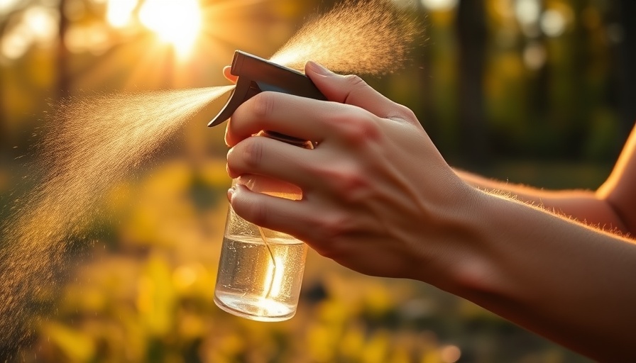Close-up of hand applying natural tick repellent spray outdoors.