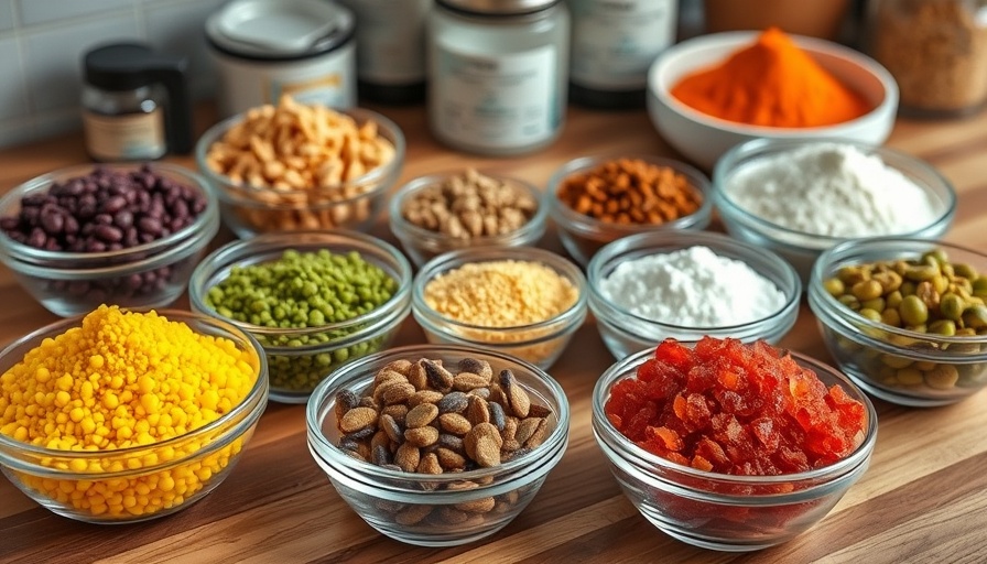 Colorful food additives in bowls on a wooden countertop.