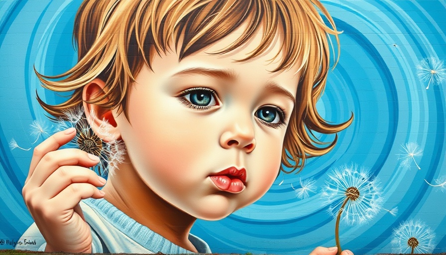 Child mural blowing dandelion seeds in whimsical blue swirls.