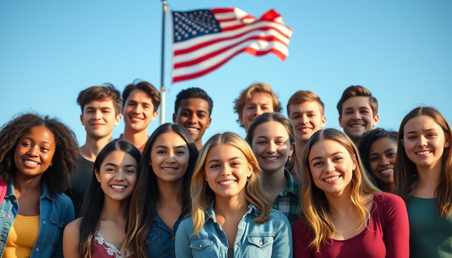 Diverse youth standing confidently against sky with American flag.