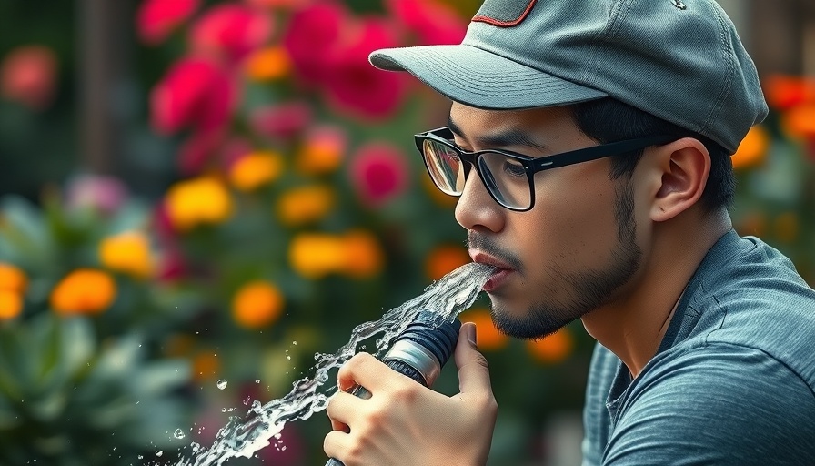 Man drinking from a drinking water safe hose in a garden, lush background.