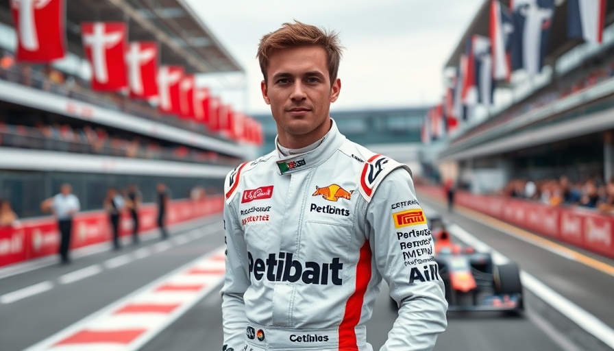Formula 1 driver confidently standing on race track, vibrant scene.