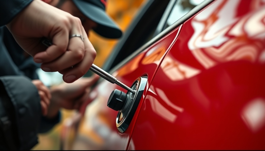 Mechanic unlocking a red car with a tool, highlighting transponder key safety concerns.