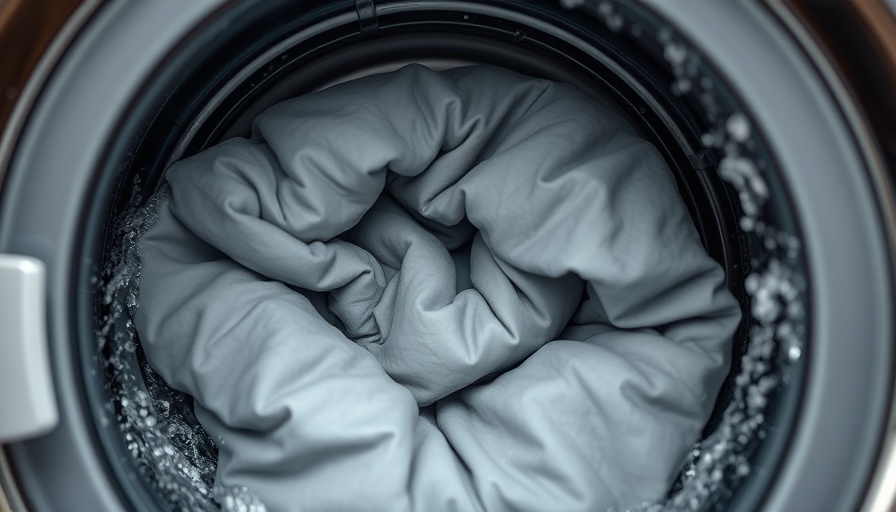 Gray comforter being washed in a washing machine, with water swirling around it.