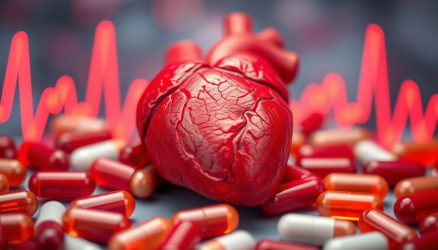 Conceptual heart with capsules illustrating risk of sudden cardiac death from antidepressants.