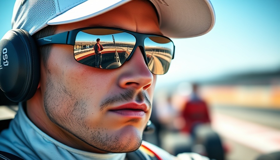 Race car driver in white cap focused on track.