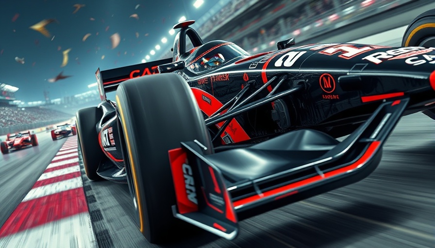 IndyCar with suspension failure on racetrack, high-speed action.