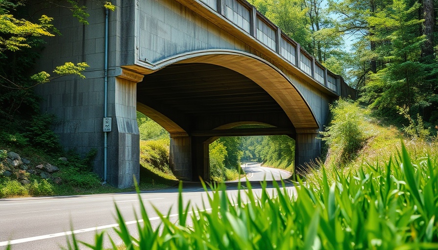 Wildlife underpass beneath road amidst greenery for reducing amphibian deaths.