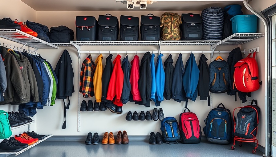 Organized garage with storage solutions and vibrant light.