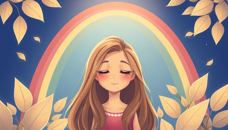 Serene young woman under rainbow, conveying hope and grief, in cartoon style.