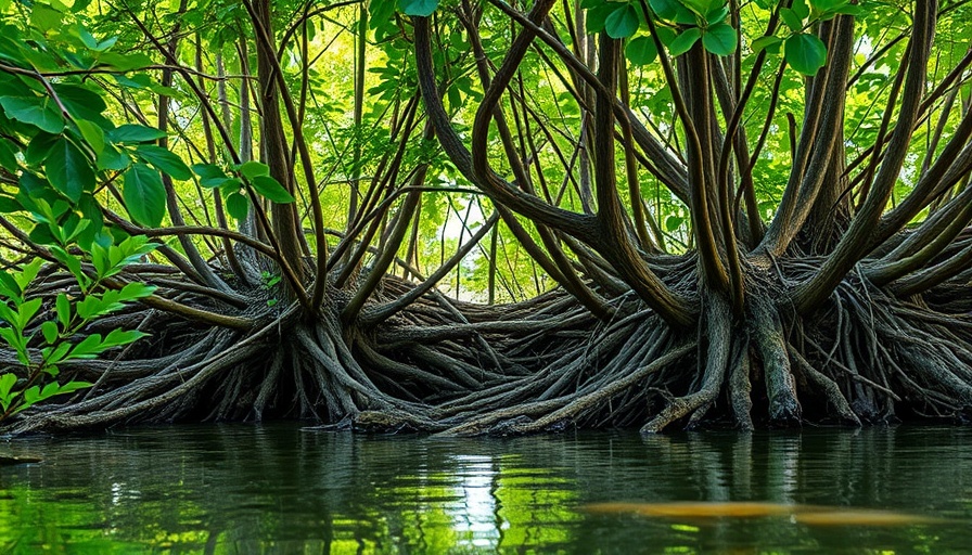 Mangrove forests showing storm resilience with sturdy roots in water.