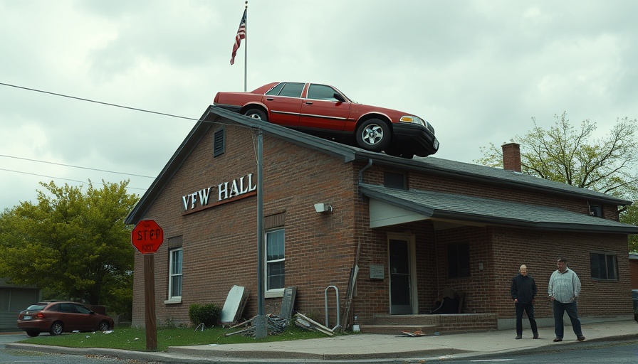 Red sedan on Missouri VFW hall roof with onlookers, dramatic scene.