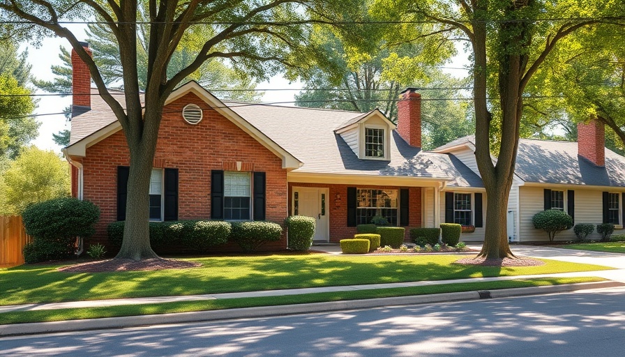 Traditional brick suburban home with black shutters and lawn.