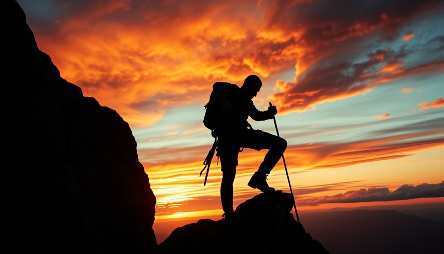 Silhouette climber on cliff at sunset; staying present through difficult times.