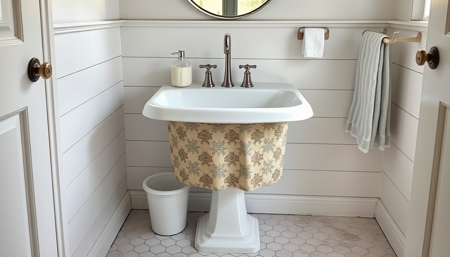 Vintage bathroom sink with curtain to hide clutter in plain sight.