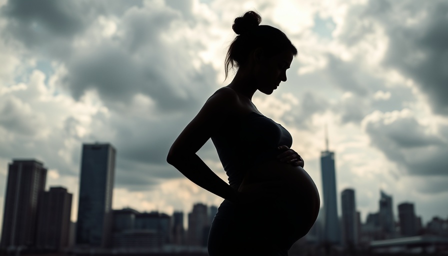 Silhouette of a pregnant woman in city, highlighting air pollution and pregnancy risks.
