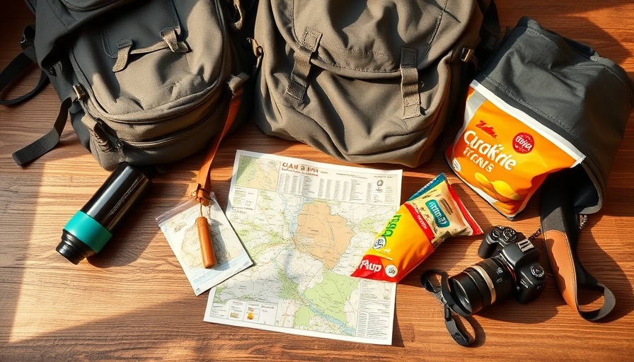 Road trip essentials gear neatly arranged on wooden surface.