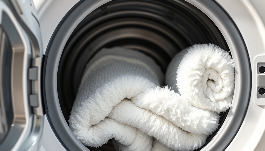 Fresh white towels in a washing machine, clean laundry room environment.