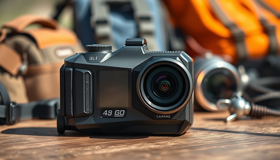 Futuristic action camera for 2025 on a table with gear.