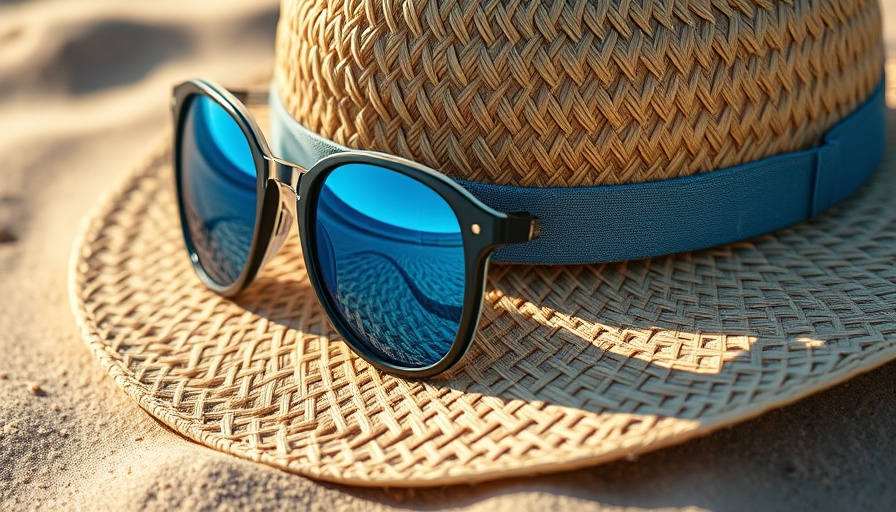 Straw beach hat and blue sunglasses on sandy beach.