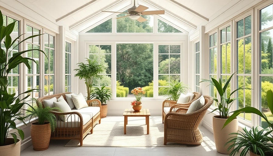 Wicker-furnished sunroom with greenery and vibrant decor