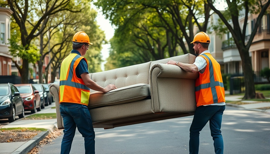 Workers safely dispose of bulky household junk on a sunny street.