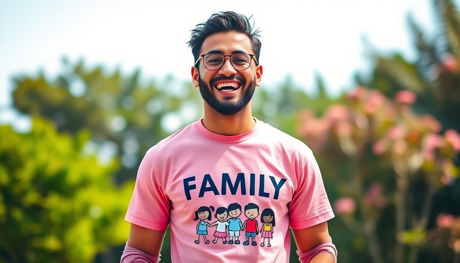 Cheerful person wearing a family-themed pink shirt for a sunny Florida reunion.