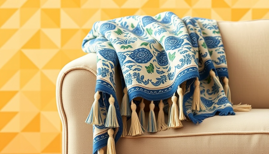 Pottery Barn throw blanket with tassels on sofa.