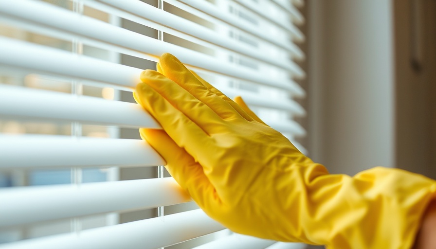 How to Clean Window Blinds: Hand wiping white blinds with cloth.