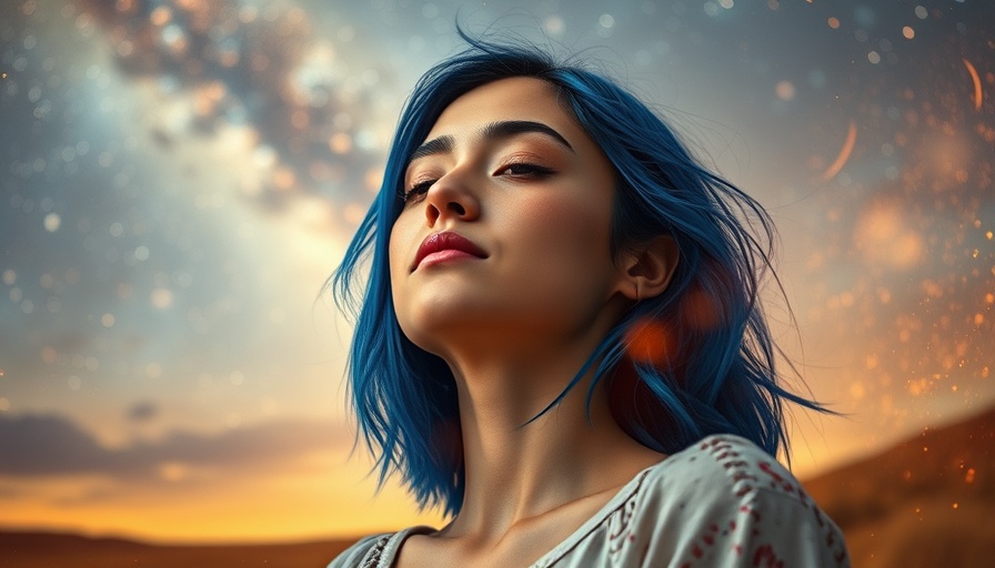 Serene woman under a vibrant, starry sky with colorful swirls.