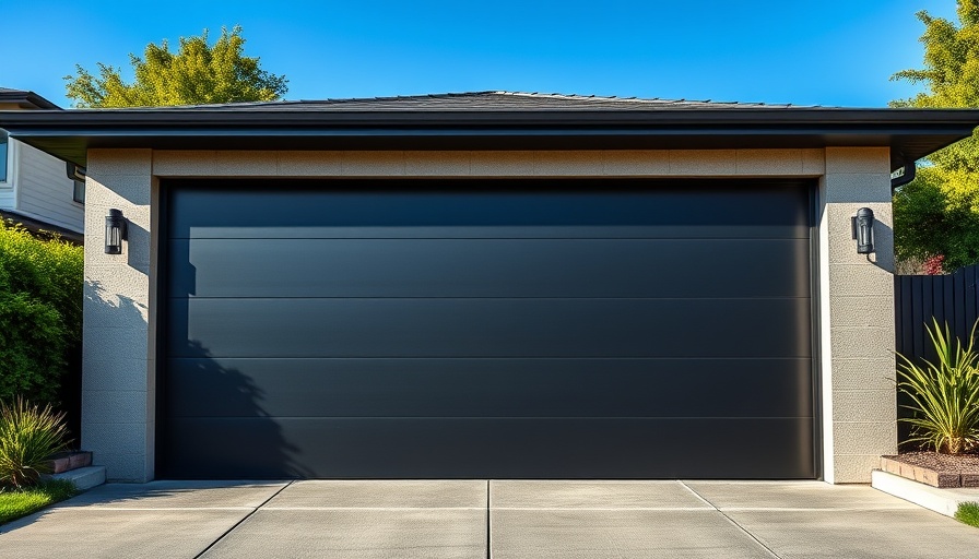 Sleek black garage door under clear sky, residential setting.