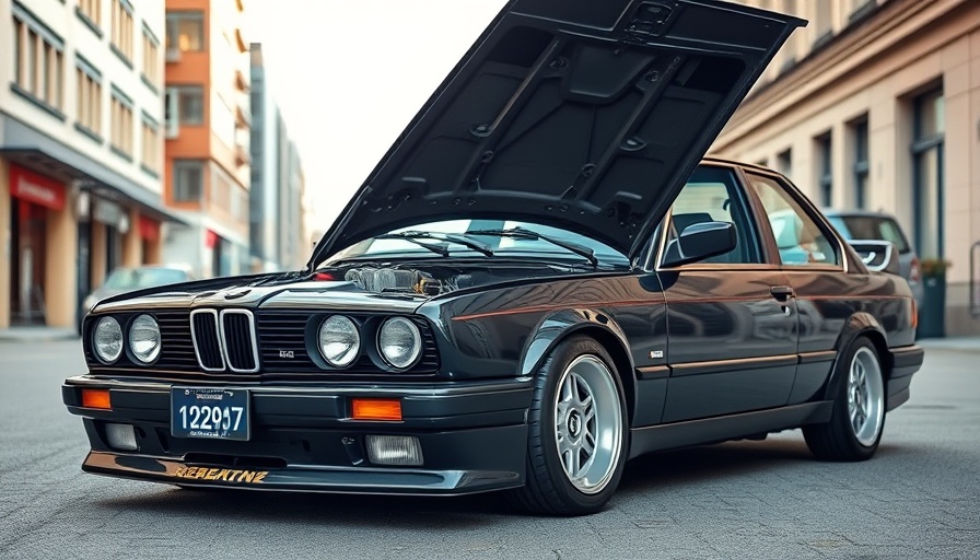 2JZ-swapped BMW E30 displayed with an open hood in an urban setting.