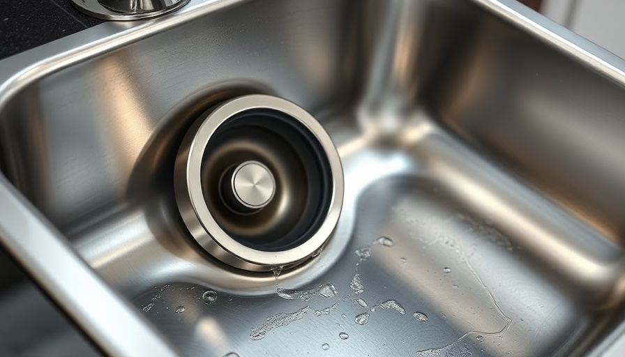 Clean kitchen sink with garbage disposal opening and water droplets.