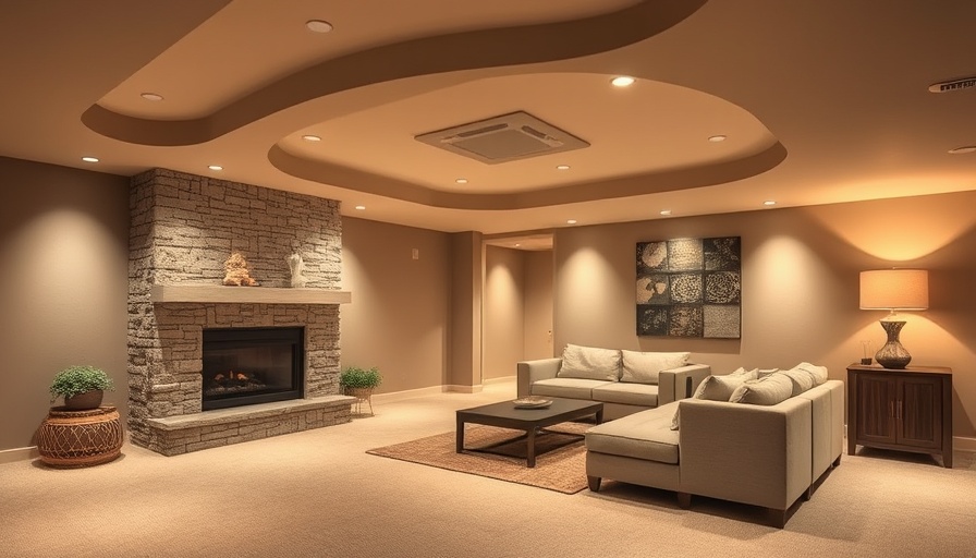 Modern basement with stone fireplace and warm lighting, featuring tips for finishing basements.