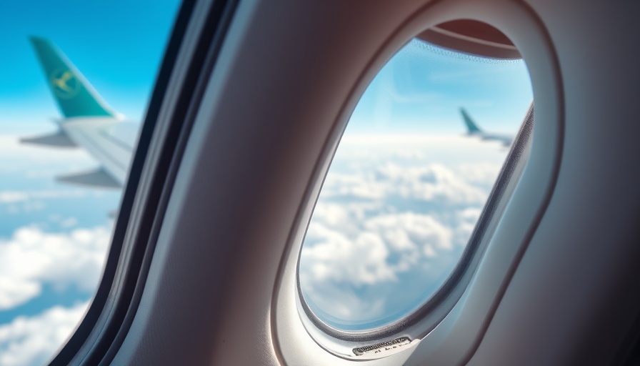 Close-up of airplane window showing bleed hole with sky and wing outside.