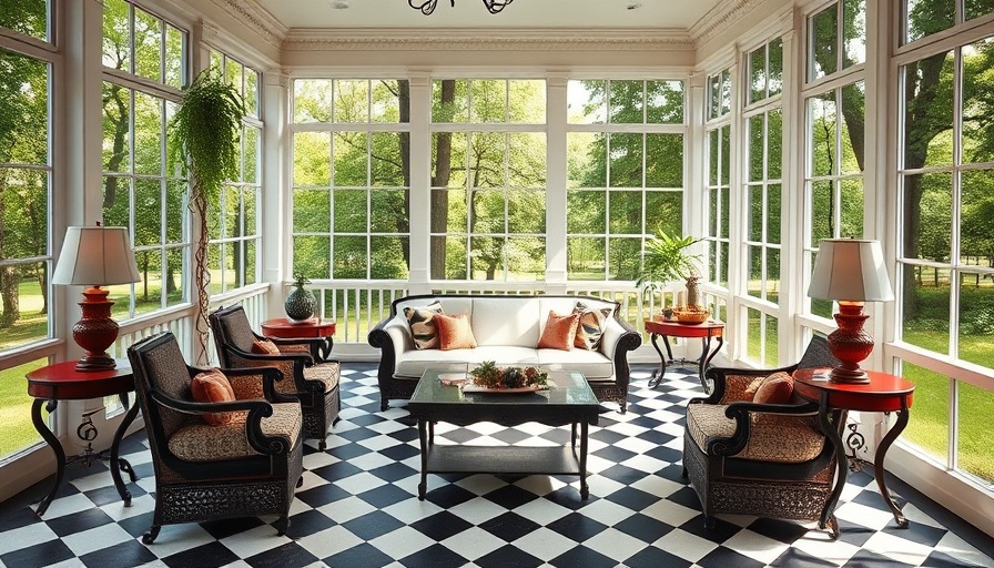 Elegant porch with classic furniture, checkered floor, and forest view.