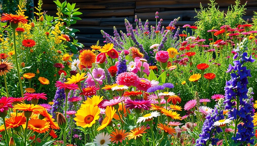 Vibrant flower garden boosting insect populations, rustic backdrop.