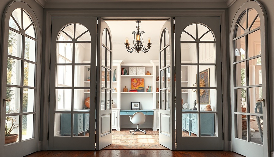 French doors brighten a stylish home office interior