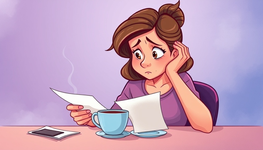 Illustration of a worried woman evaluating bills, navigating financial struggles.